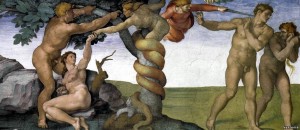 Грехопадение и изгнание из рая. Фреска Сикстинской капеллы. Микеланджело. 