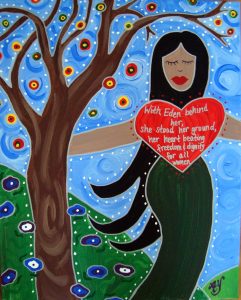 Лилит, картина Анджелы Ярбер. Надпись: "Оставив Эдем, она не оставила свои убеждения; ее сердце бьется свободой и достоинством для всех женщин..."